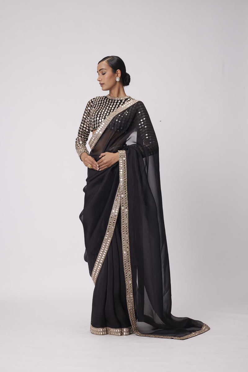 Black Hand Embroidered Organza Saree Set