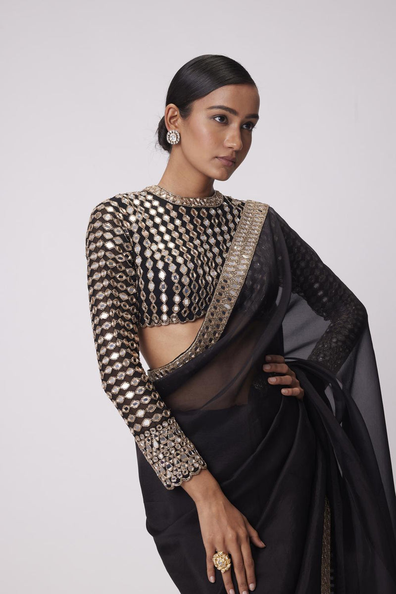 Black Hand Embroidered Organza Saree Set