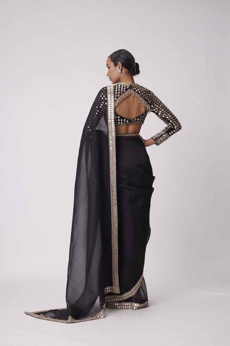 Black Hand Embroidered Organza Saree Set