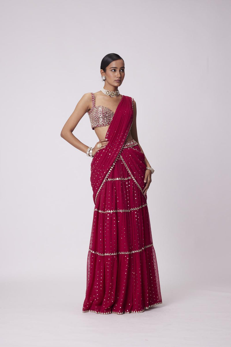 Crimson Red Multi- Tier Sequin Embroidered Saree Set