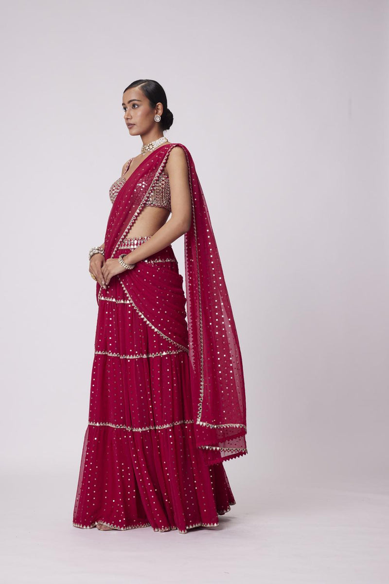 Crimson Red Multi- Tier Sequin Embroidered Saree Set