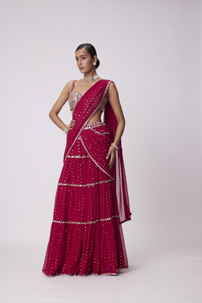 Crimson Red Multi- Tier Sequin Embroidered Saree Set