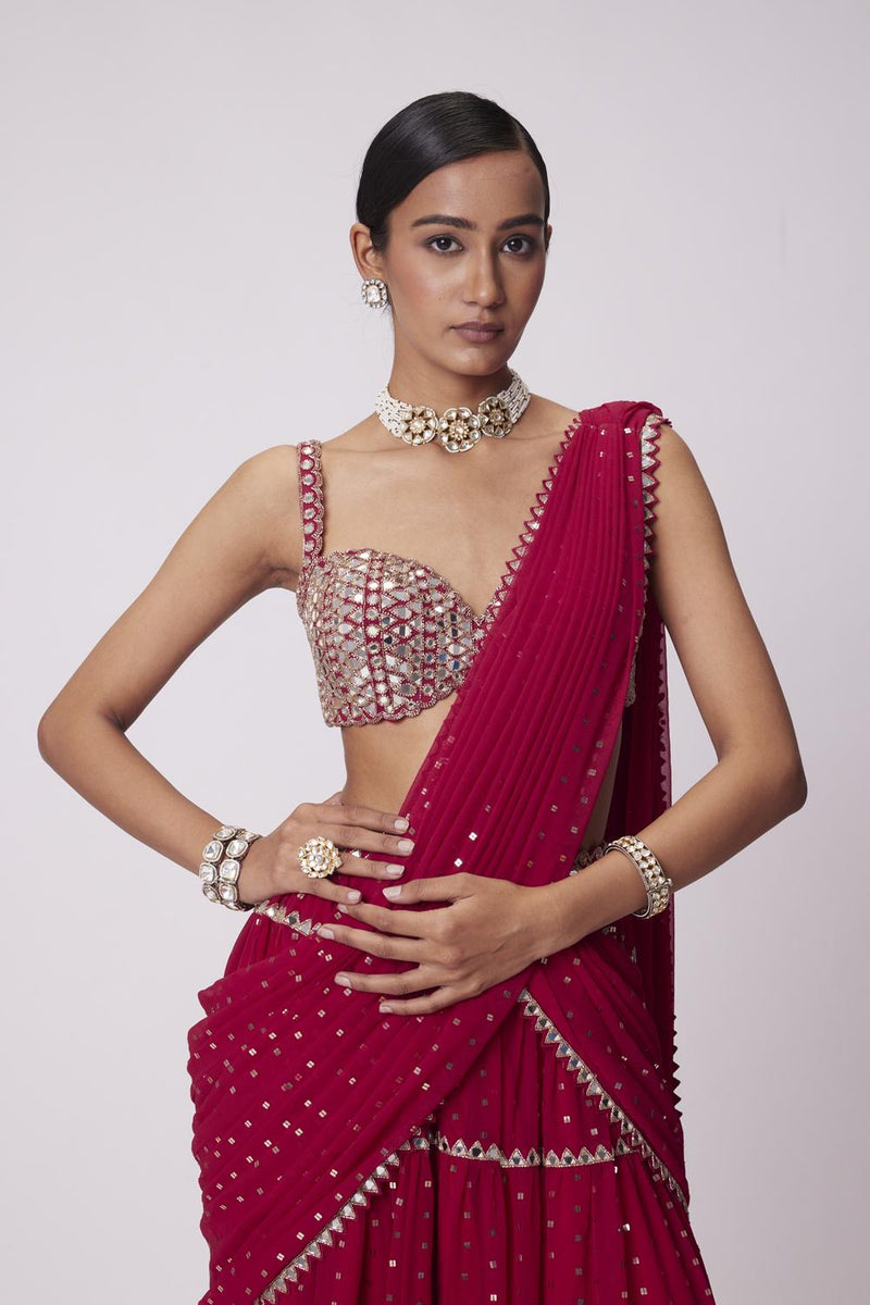 Crimson Red Multi- Tier Sequin Embroidered Saree Set