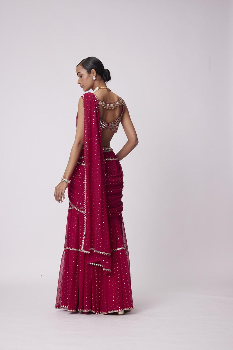 Crimson Red Multi- Tier Sequin Embroidered Saree Set