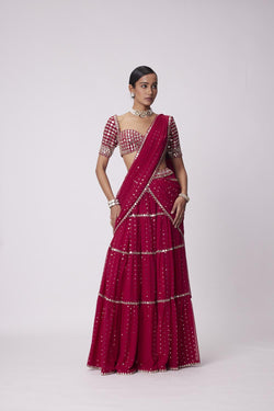 Crimson Red Multi- Tier Saree Set