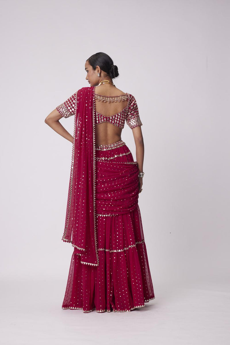 Crimson Red Multi- Tier Saree Set