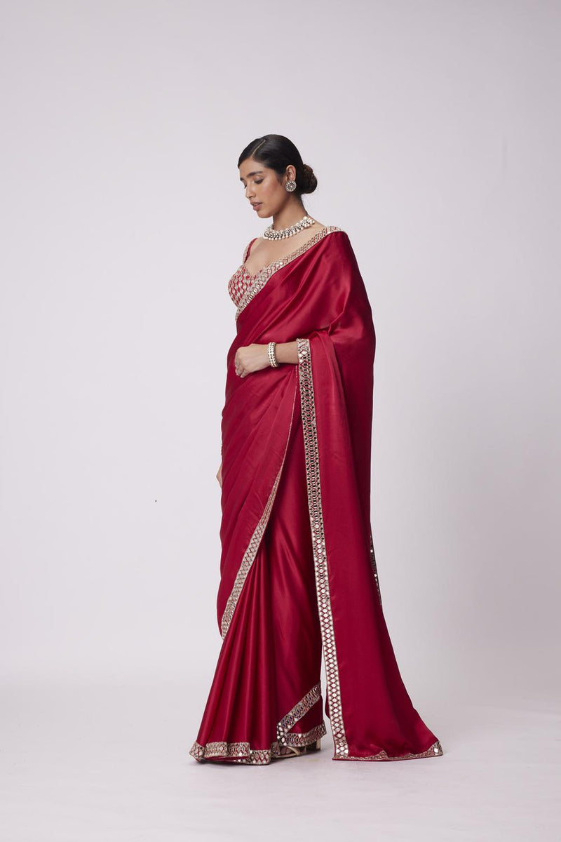 Crimson Red  Satin Mirror Embroidered Saree Set