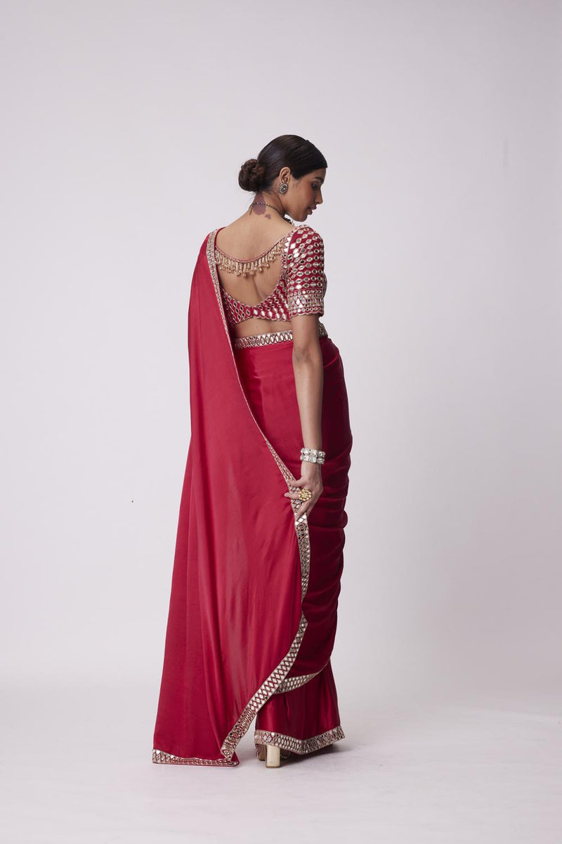 Crimson Red  Satin Mirror Embroidered Saree Set