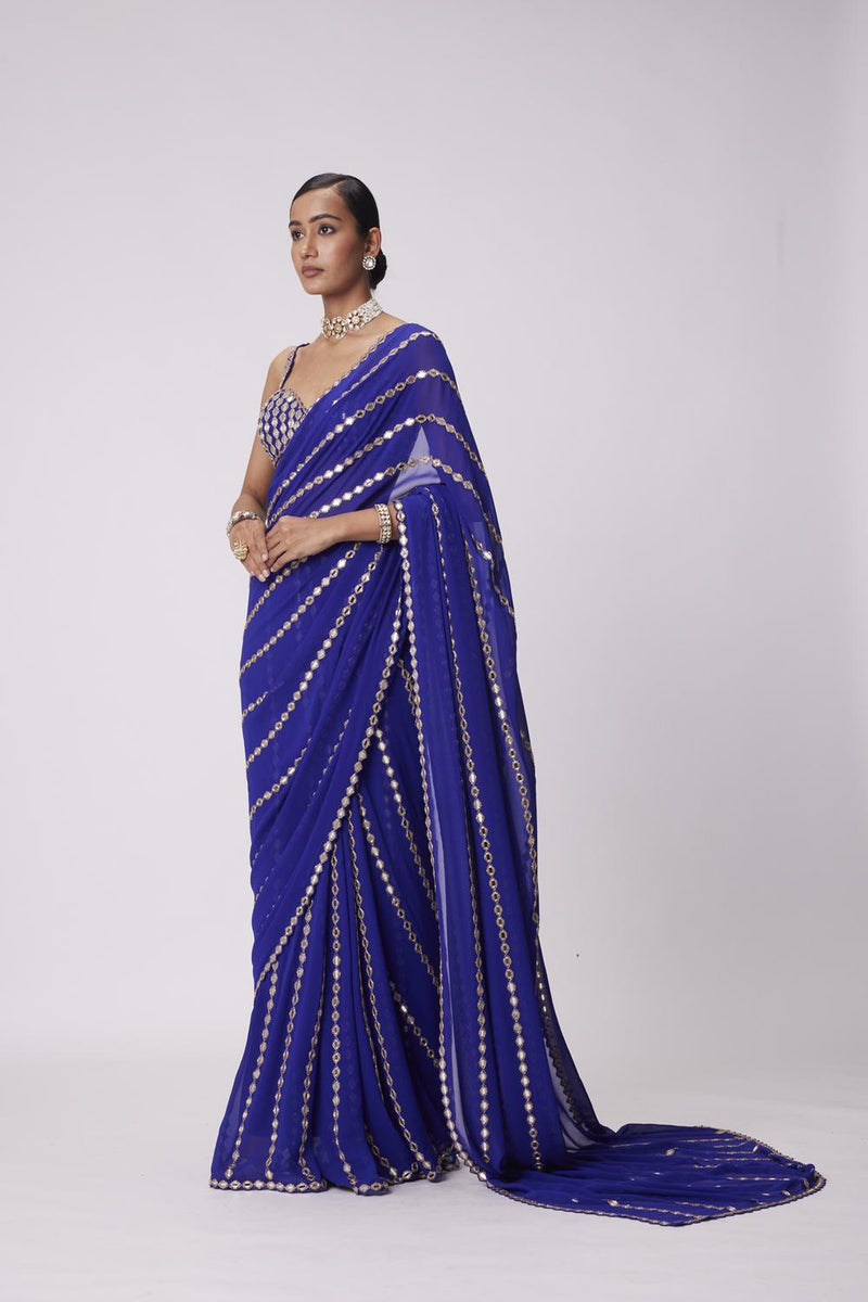 Persian Blue Linear Embroidery Georgette Saree Set