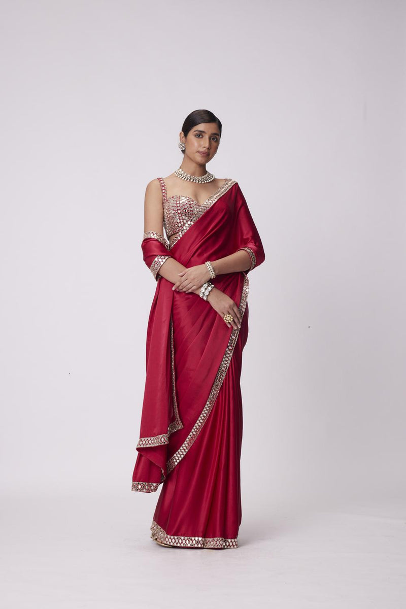 Crimson Red Satin Saree Set