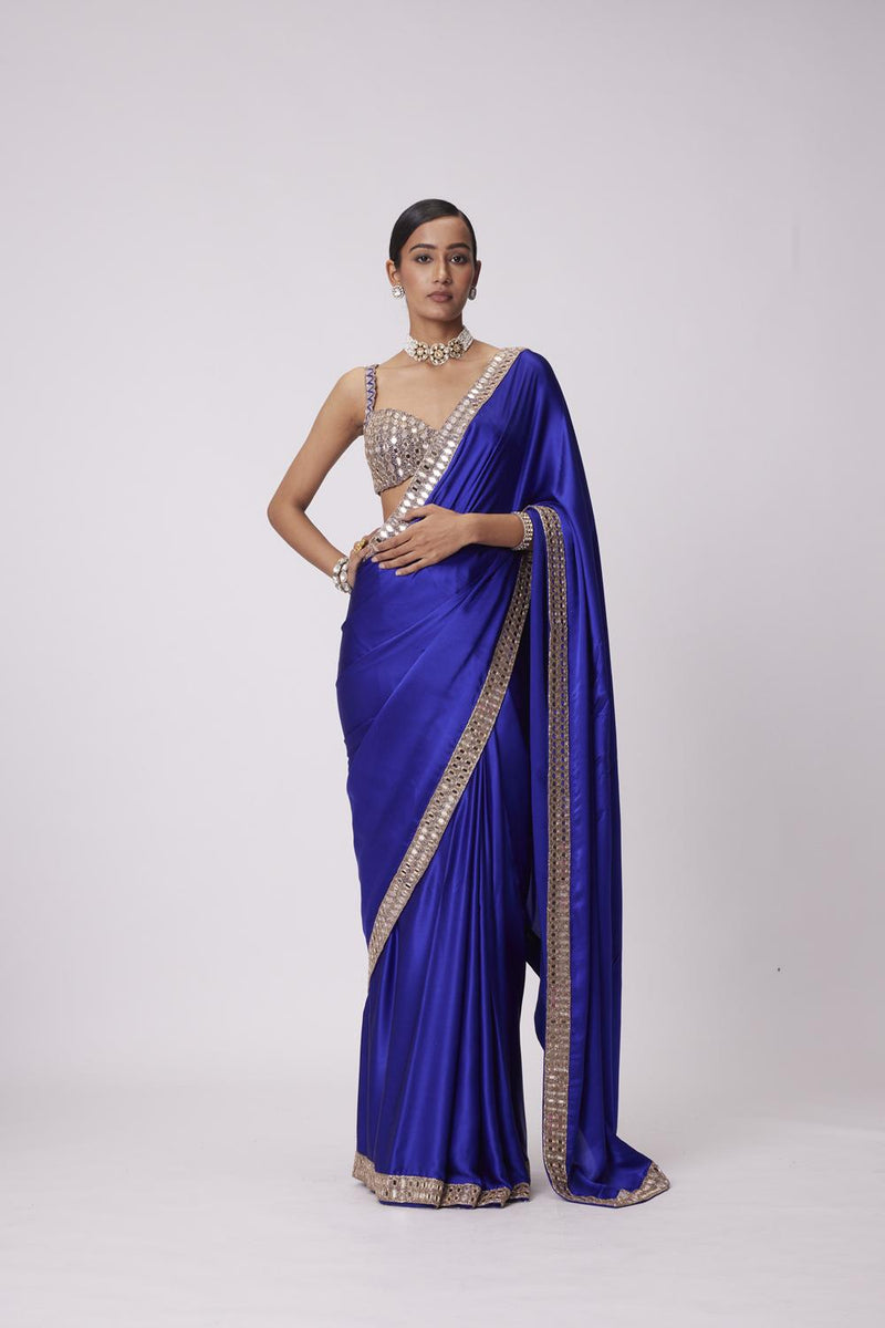 Persian Blue Hand Embroidered Satin Saree Set