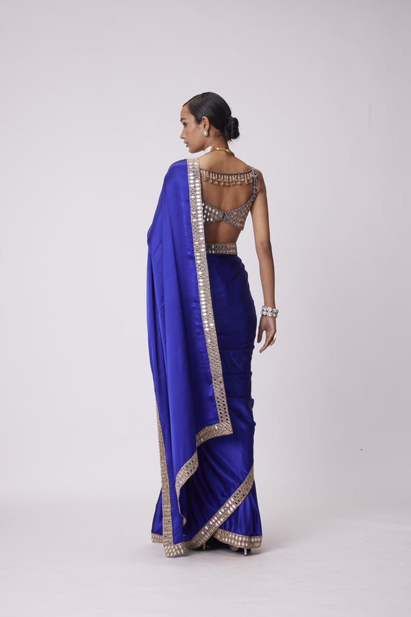 Persian Blue Hand Embroidered Satin Saree Set