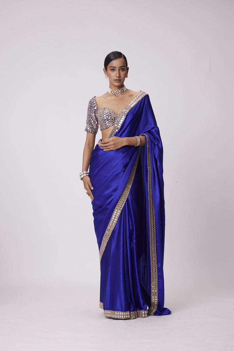 Persian Blue Hand Embroidered Satin Saree Set