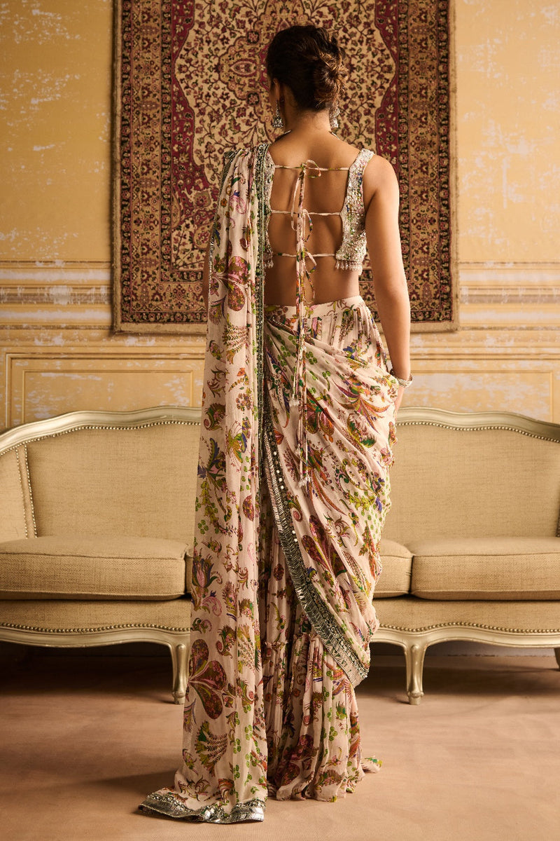 Green Print & Embroidered Skirt Saree Set