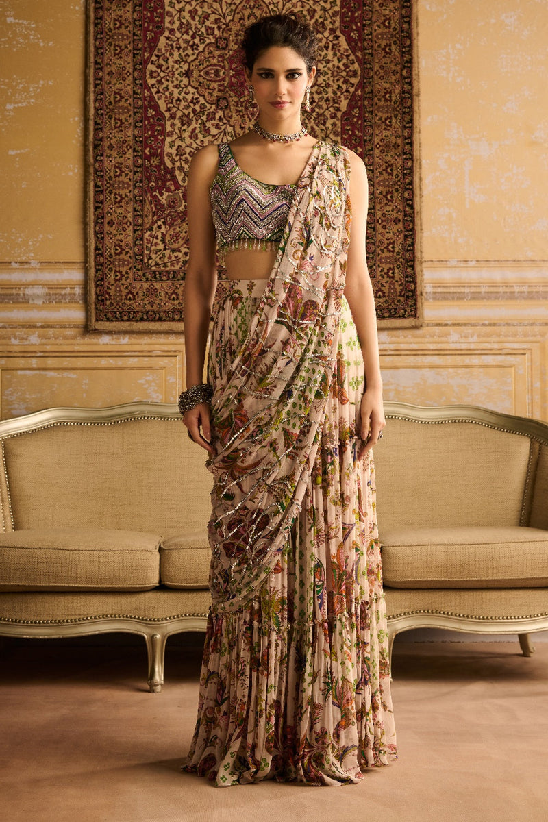 Green Print & Embroidered Skirt Saree Set