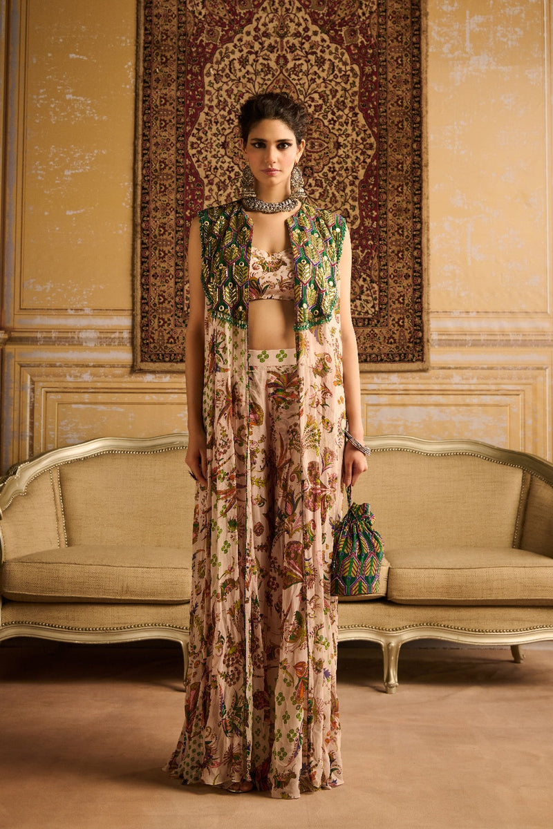 Green Print & Embroidered Cape Set