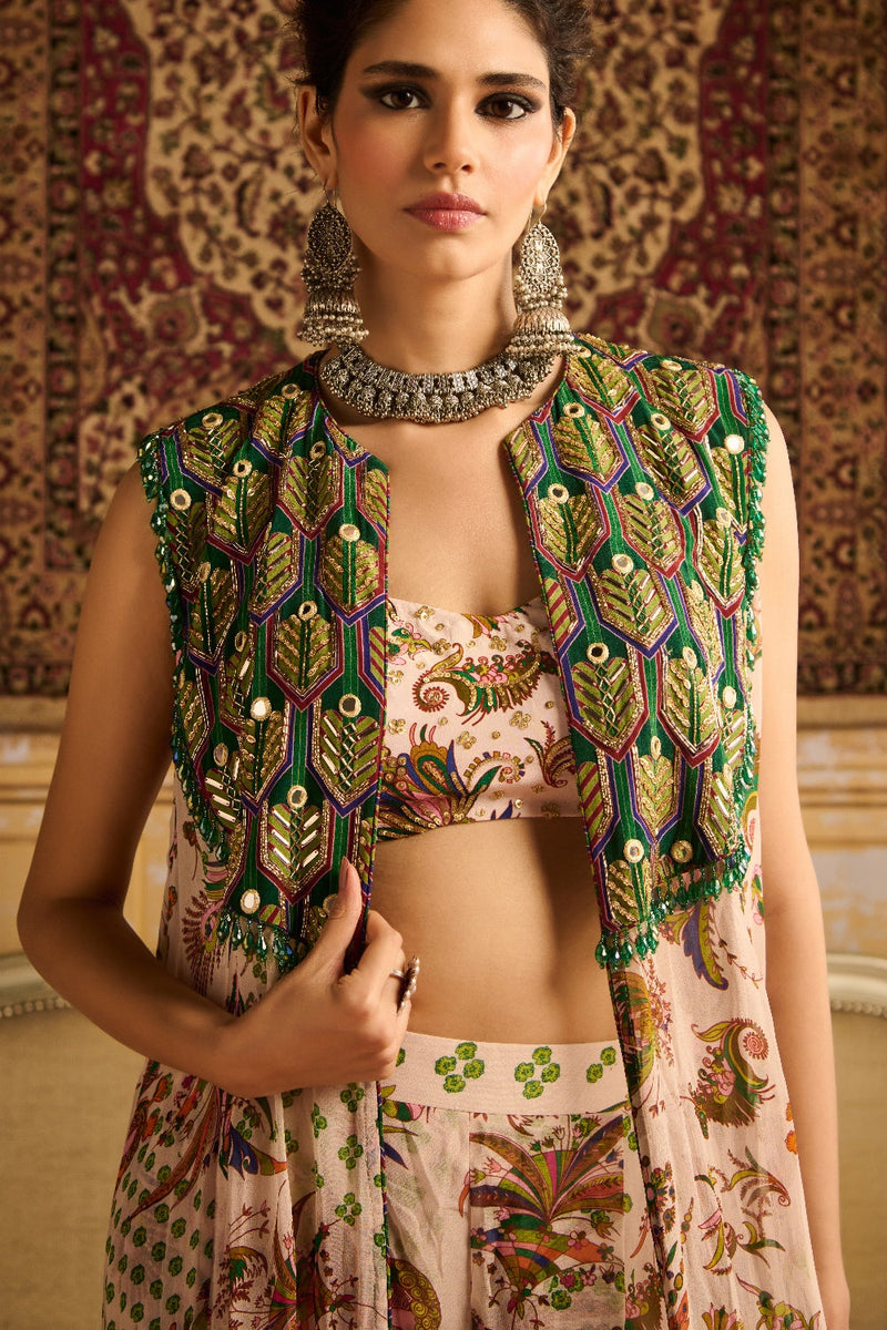 Green Print & Embroidered Cape Set