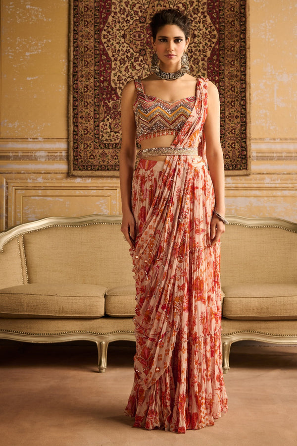 Orange Print &  Embroidered Blouse And Skirt Saree Set