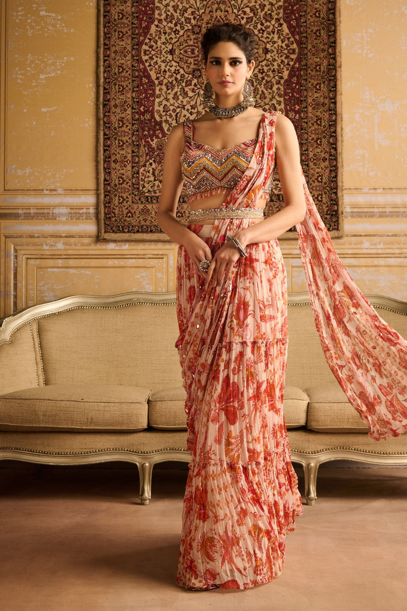 Orange Print &  Embroidered Blouse And Skirt Saree Set