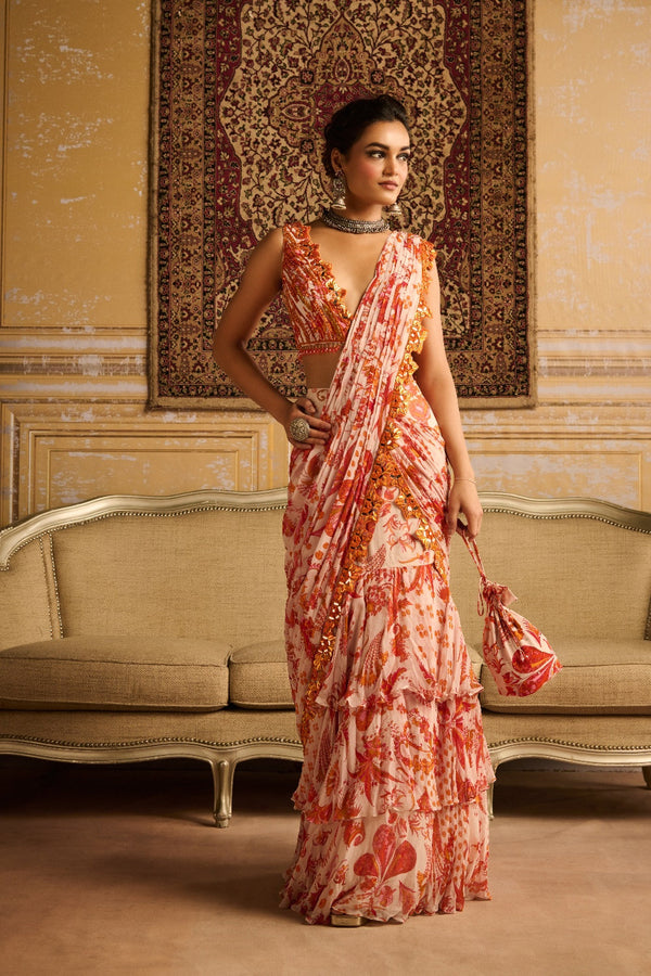 Orange Print &  Embroidered Blouse And Skirt Saree Set