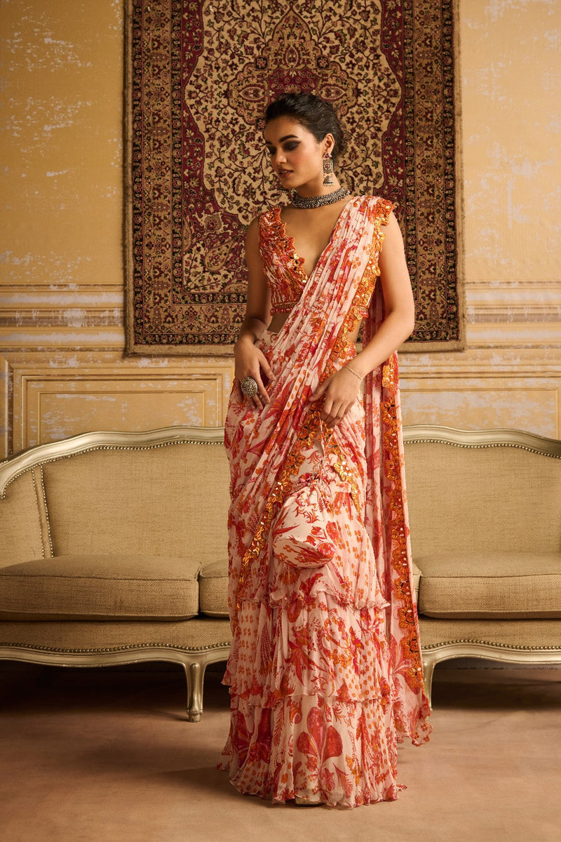 Orange Print &  Embroidered Blouse And Skirt Saree Set