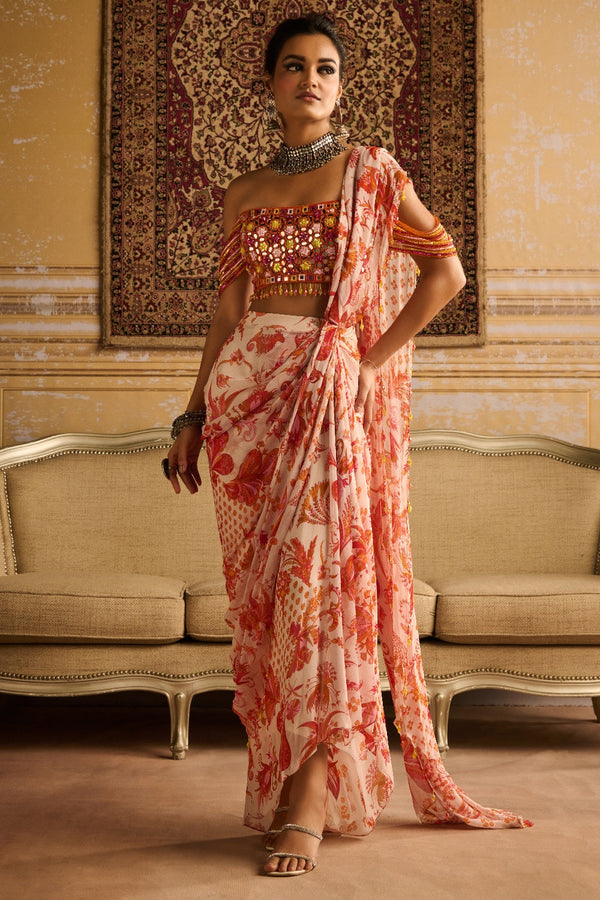 Mirror Embroidered Blouse And Orange Skirt Saree Set