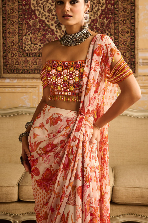 Mirror Embroidered Blouse And Orange Skirt Saree Set