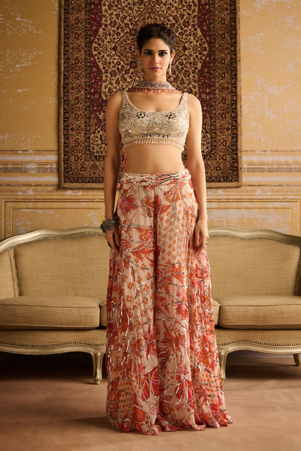 Silver Embroidered Blouse And Orange Cosmic Floral Jaal Sharara Set