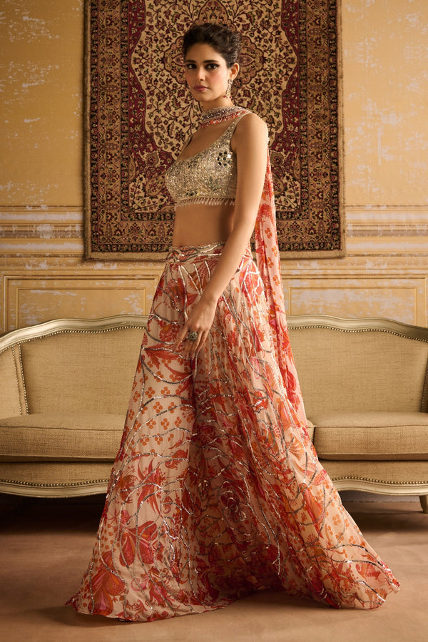 Silver Embroidered Blouse And Orange Cosmic Floral Jaal Sharara Set