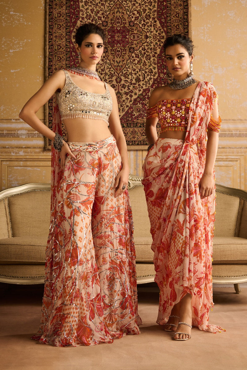 Silver Embroidered Blouse And Orange Cosmic Floral Jaal Sharara Set