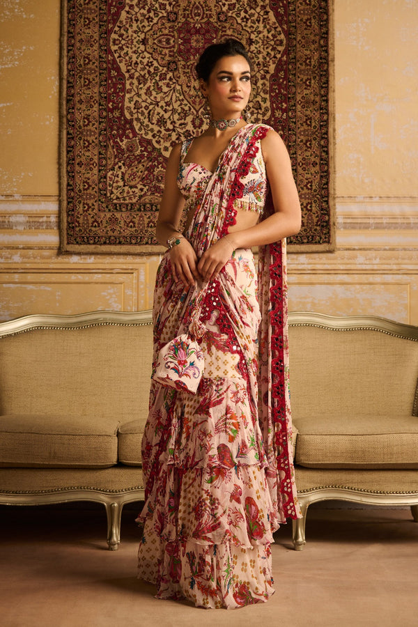 Red Embroidered Blouse And Skirt Saree Set