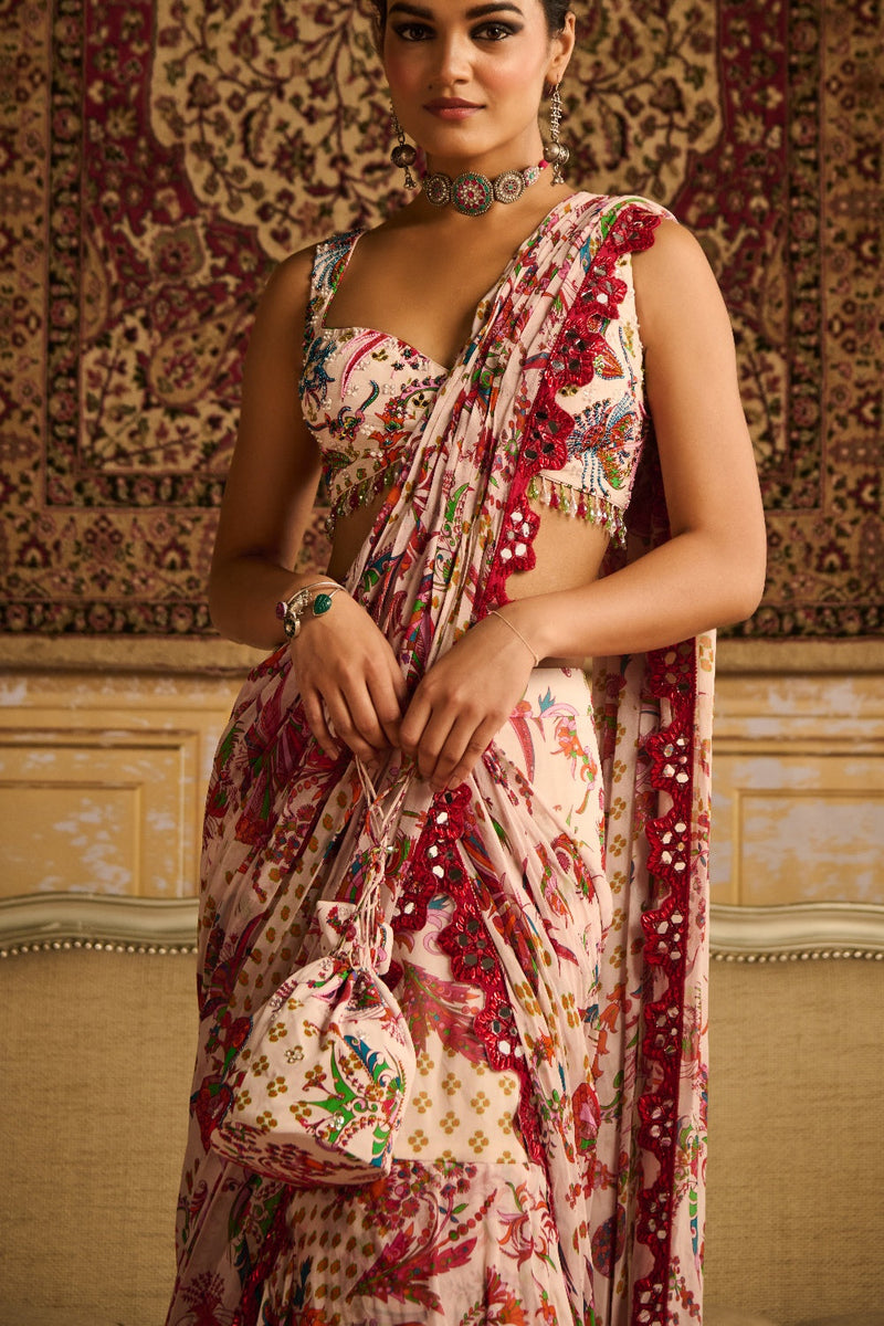 Red Embroidered Blouse And Skirt Saree Set