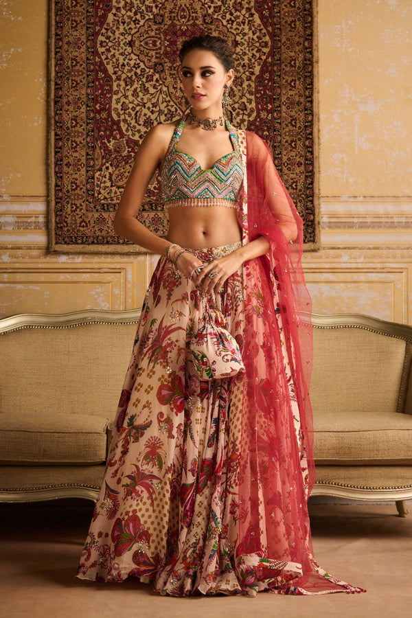 Red Zig-Zag Butta Print Embroidered Blouse And Lehenga Set