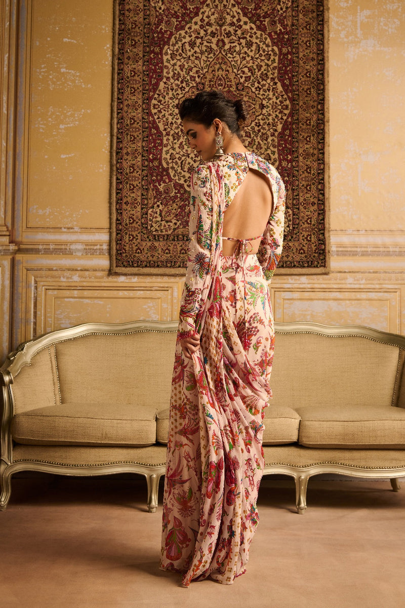 Red Print Embroidered Blouse And Saree Set