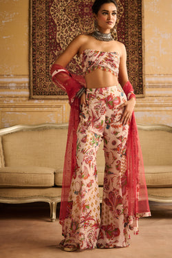 Red Print Embroidered Blouse And Pant Set