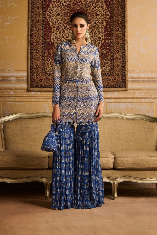 Blue Print Embroidered Jacket And Gharara Set