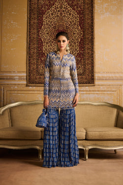 Blue Print Embroidered Jacket And Gharara Set