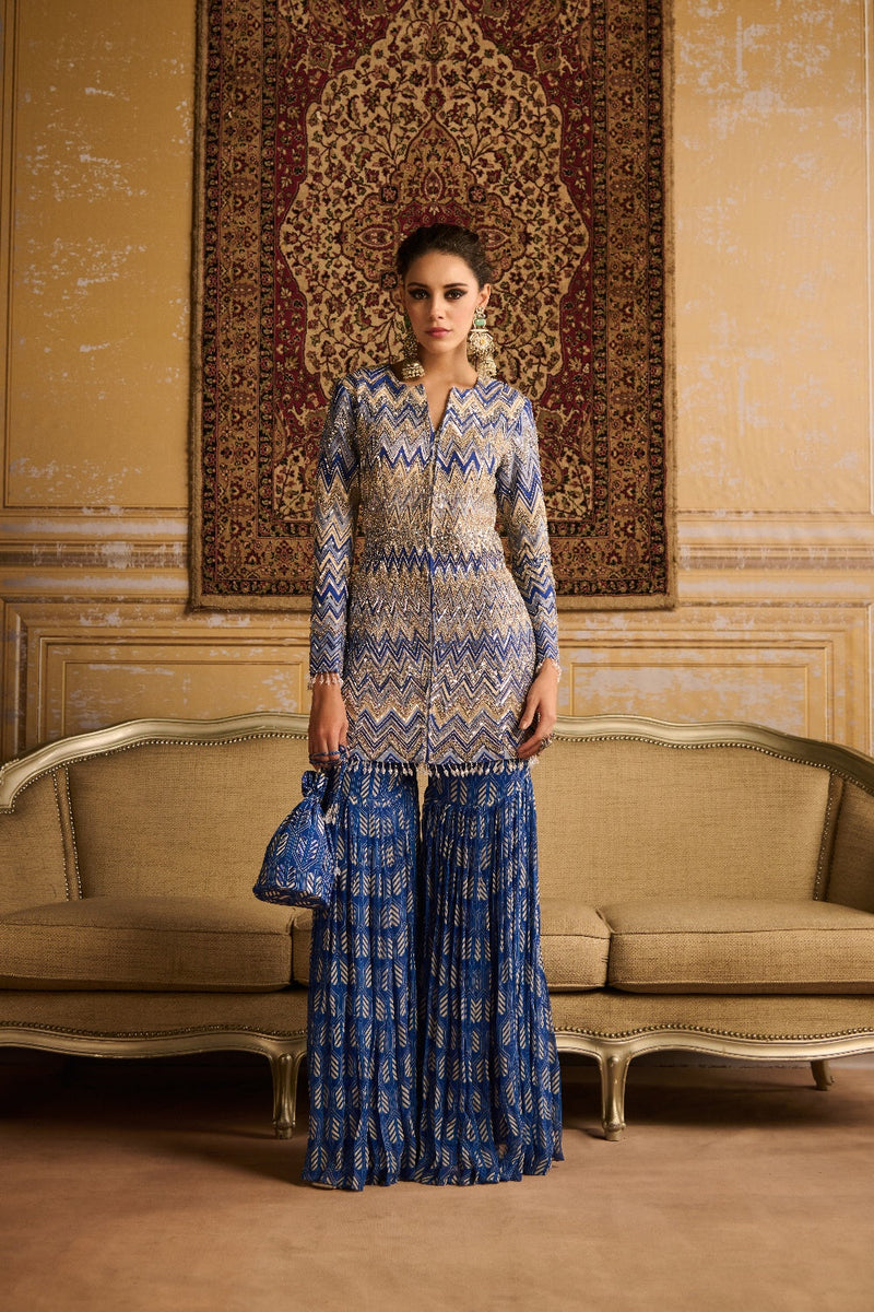 Blue Print Embroidered Jacket And Gharara Set