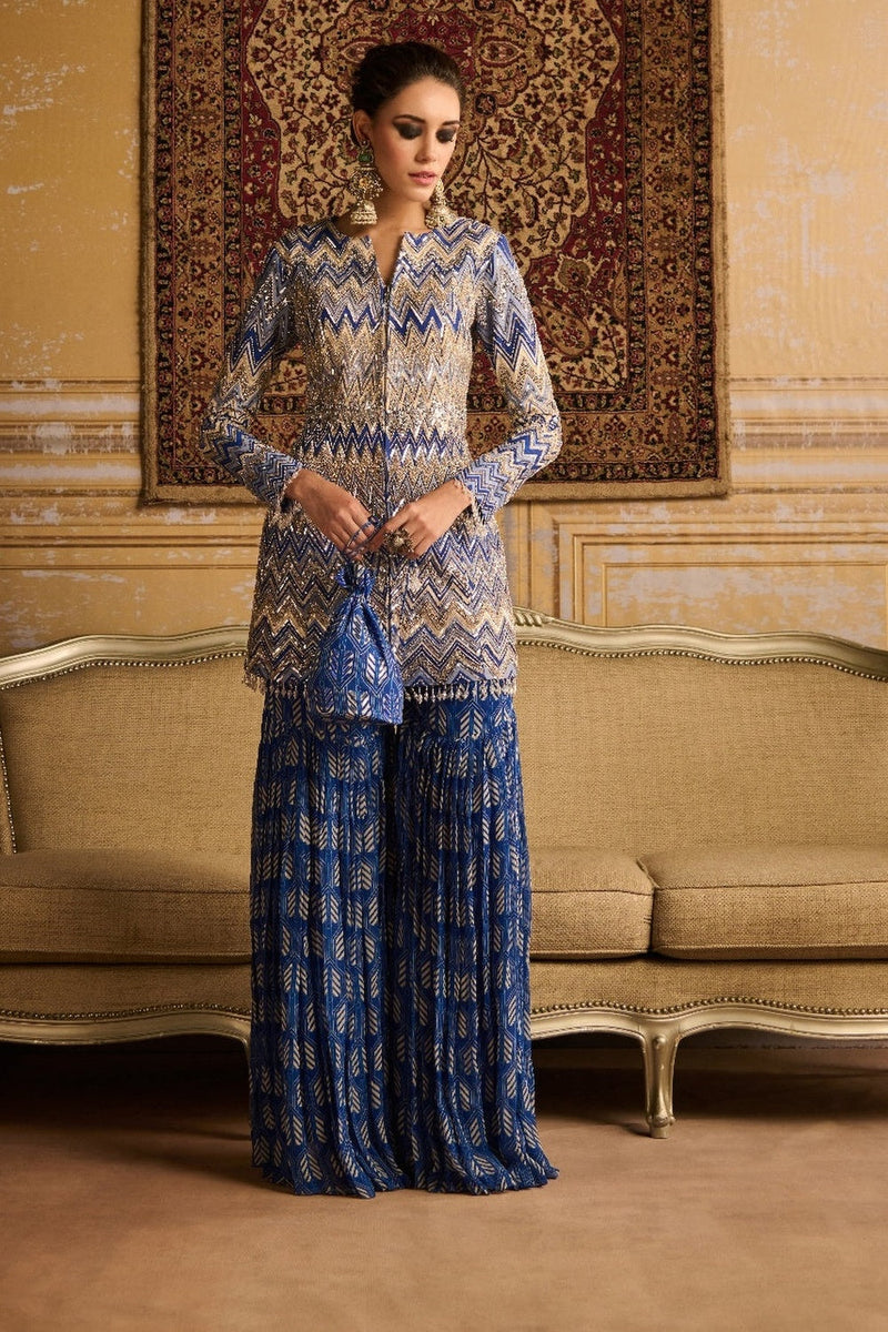 Blue Print Embroidered Jacket And Gharara Set