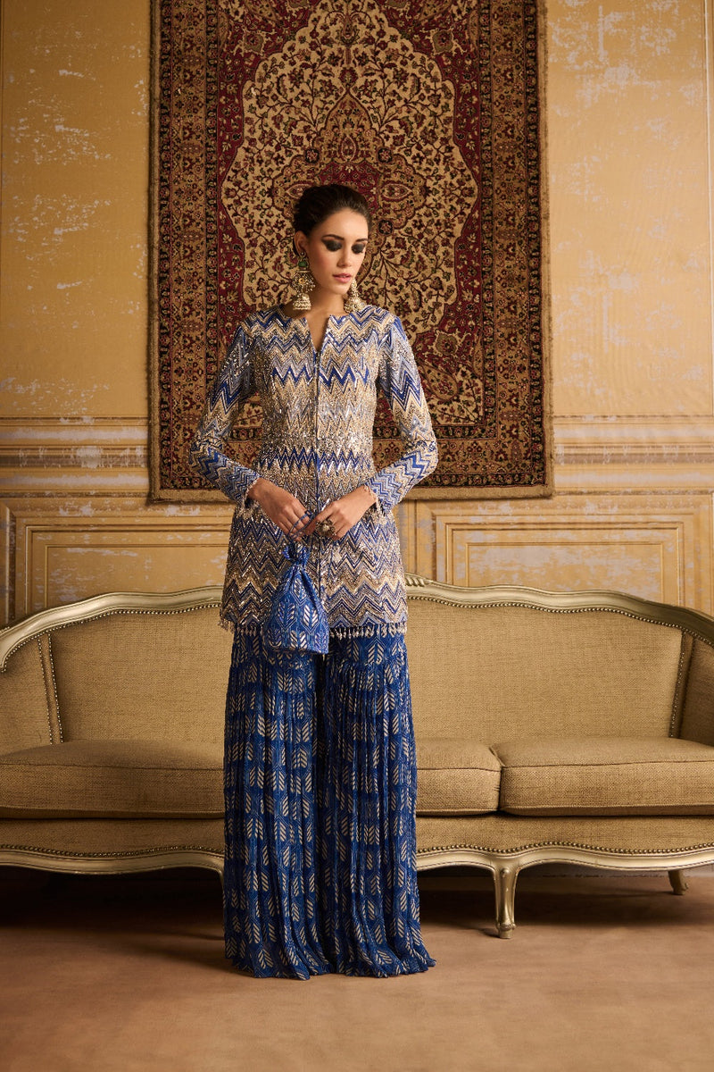 Blue Print Embroidered Jacket And Gharara Set