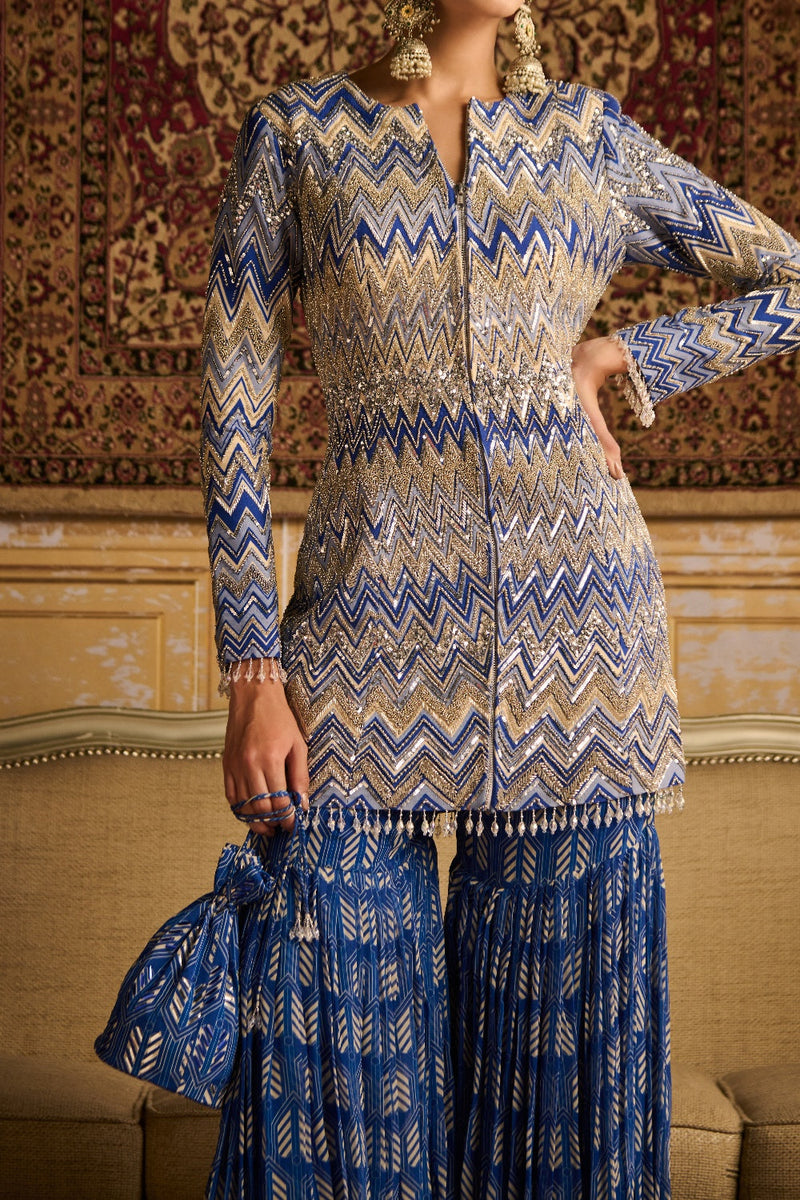 Blue Print Embroidered Jacket And Gharara Set