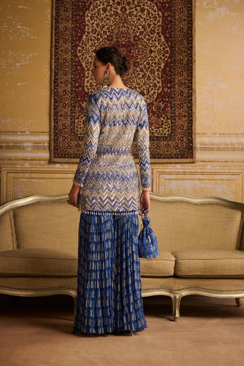 Blue Print Embroidered Jacket And Gharara Set