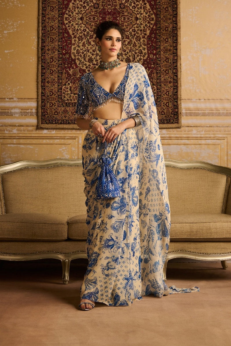 Blue Print  Highlighted Blouse And  Saree Set