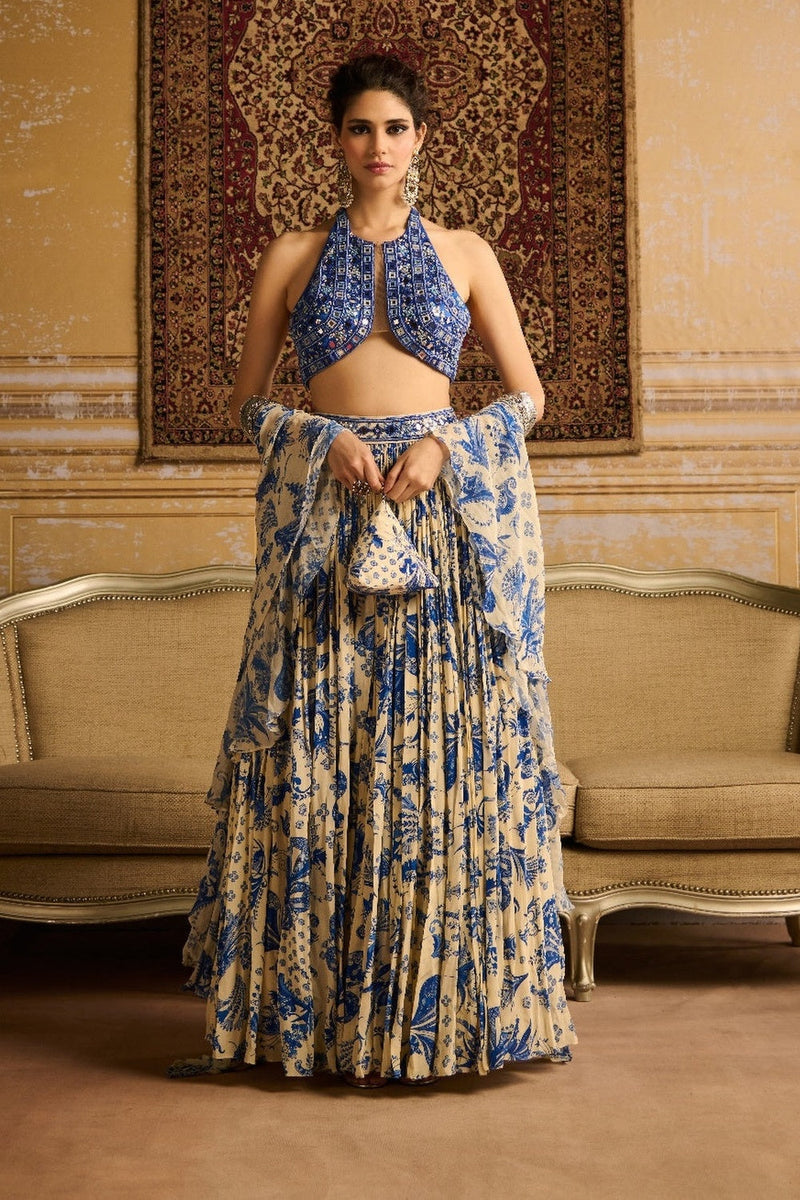 Blue Embroidered Blouse And  Lehenga Set