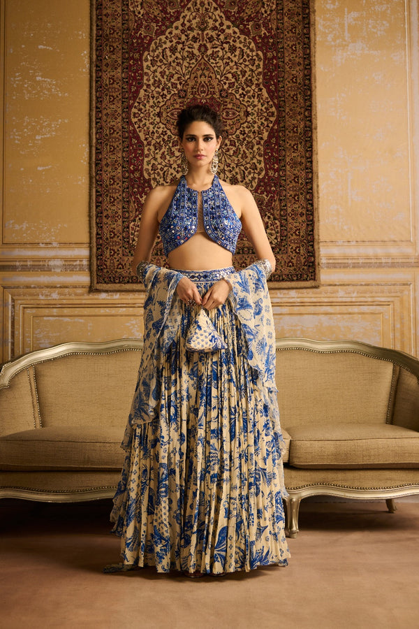 Blue Embroidered Blouse And  Lehenga Set