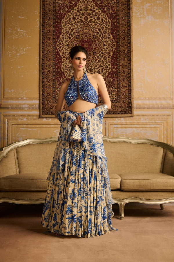 Blue Embroidered Blouse And  Lehenga Set