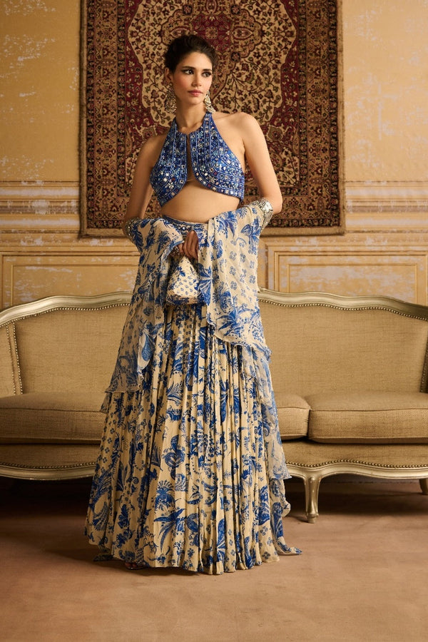 Blue Embroidered Blouse And  Lehenga Set