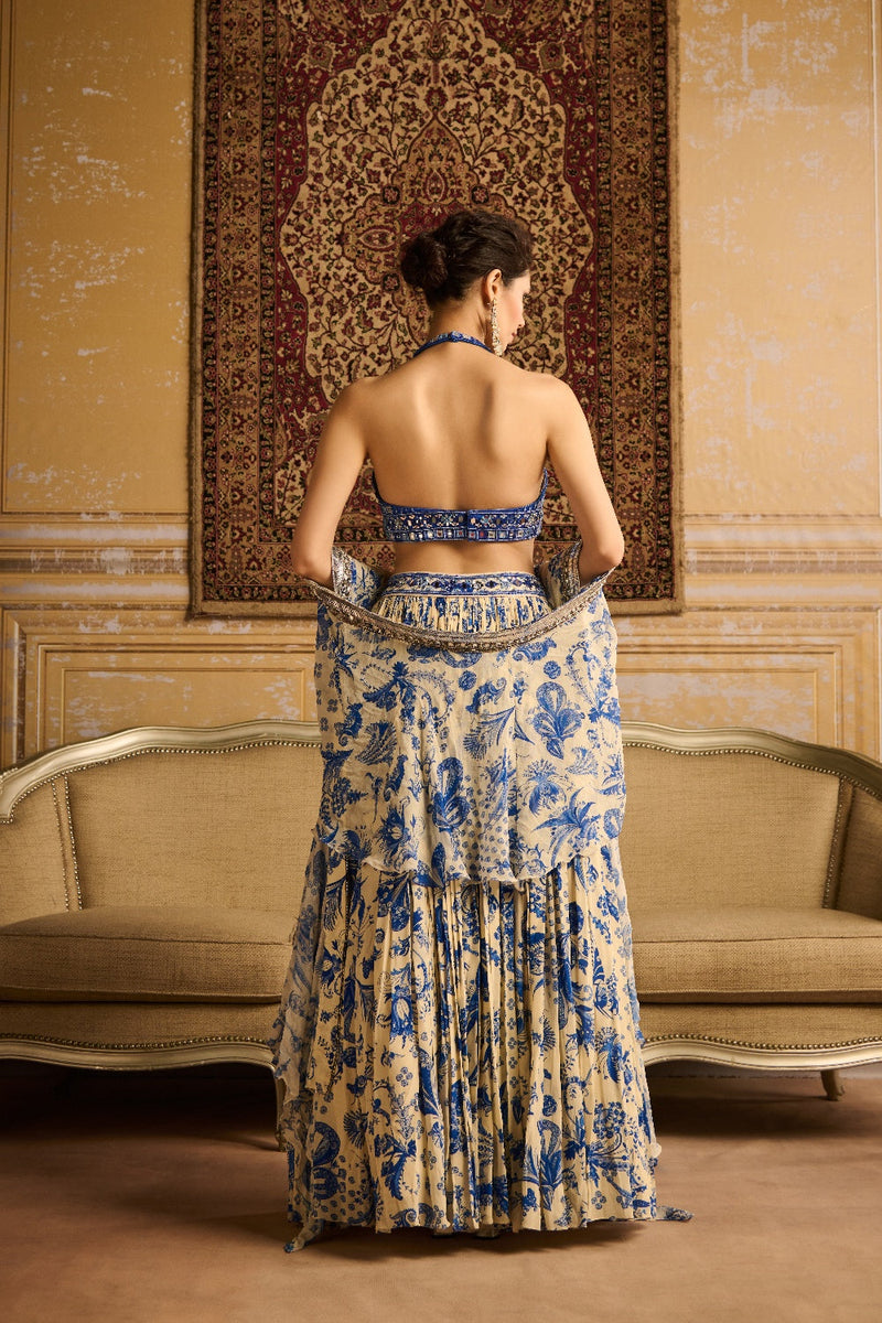 Blue Embroidered Blouse And  Lehenga Set