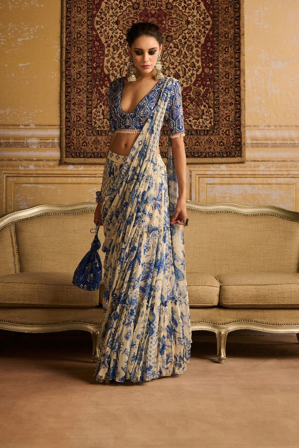 Blue Highlighted Blouse And  Tiered Saree Set