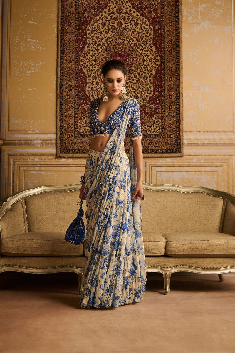 Blue Highlighted Blouse And  Tiered Saree Set